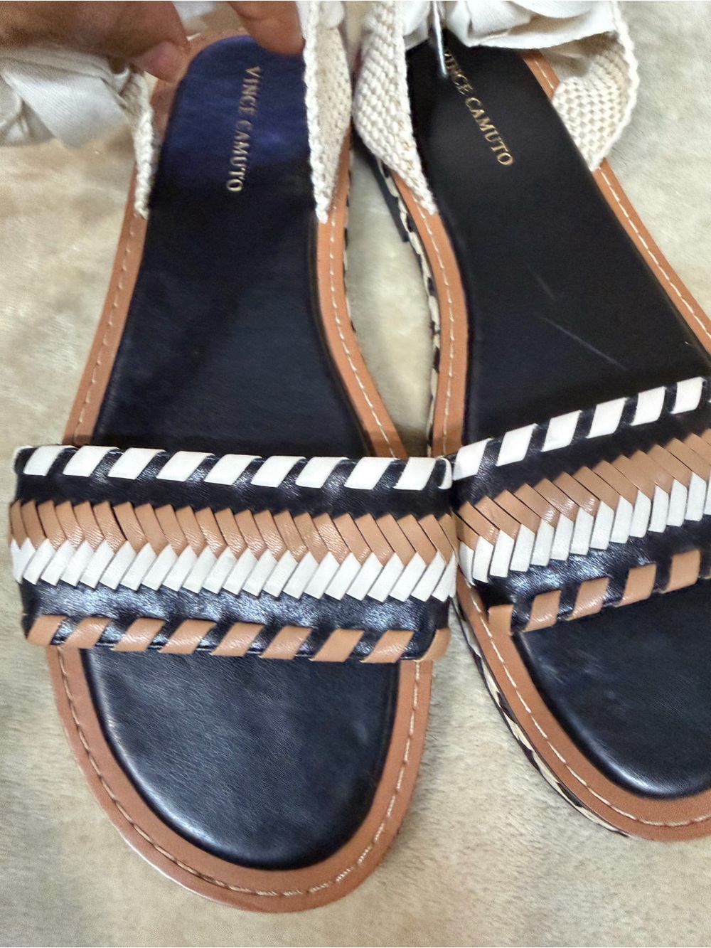 Vince Camuto Women's Black and Tan Braided Strap Sandals with Cream Ankle Ties - Picture 9 of 16